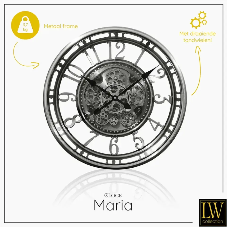 LW Collection Wandklok radar Maria zilver 54cm bewegende tandwielen New