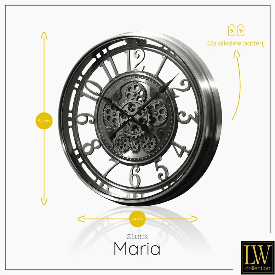 LW Collection Wandklok radar Maria zilver 54cm bewegende tandwielen New