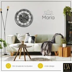 LW Collection Wandklok radar Maria zilver 54cm bewegende tandwielen New