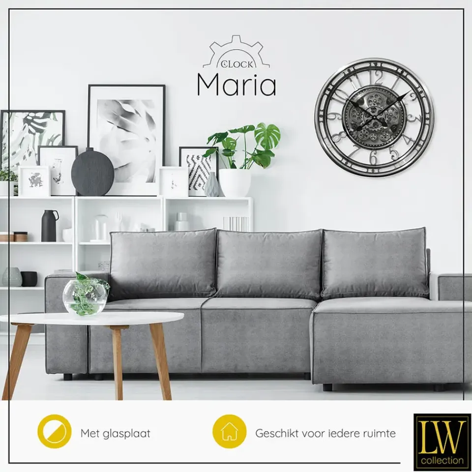 LW Collection Wandklok radar Maria zilver 54cm bewegende tandwielen New
