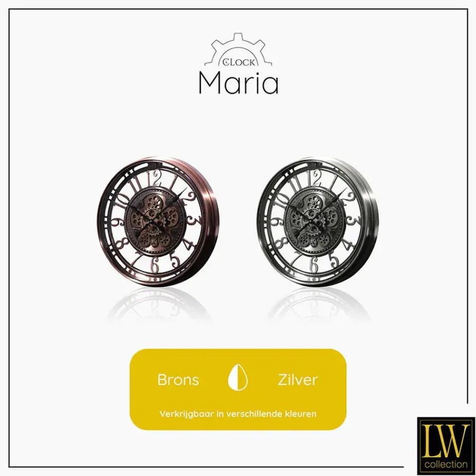 LW Collection Wandklok radar Maria zilver 54cm bewegende tandwielen New