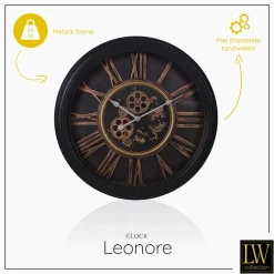 LW Collection Wandklok radar Leonore Zwart 52cm bewegende tandwielen Clearance