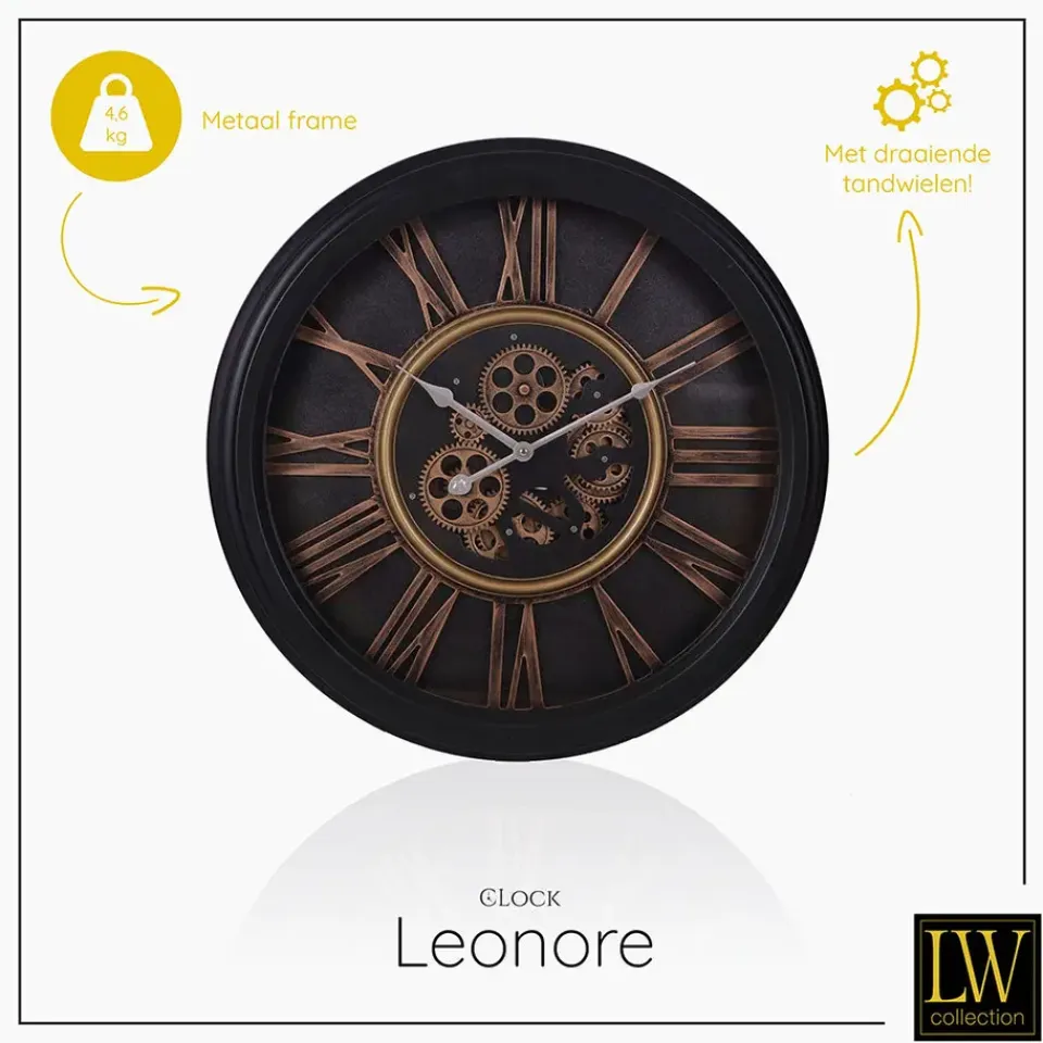 LW Collection Wandklok radar Leonore Zwart 52cm bewegende tandwielen Clearance