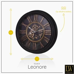 LW Collection Wandklok radar Leonore Zwart 52cm bewegende tandwielen Clearance