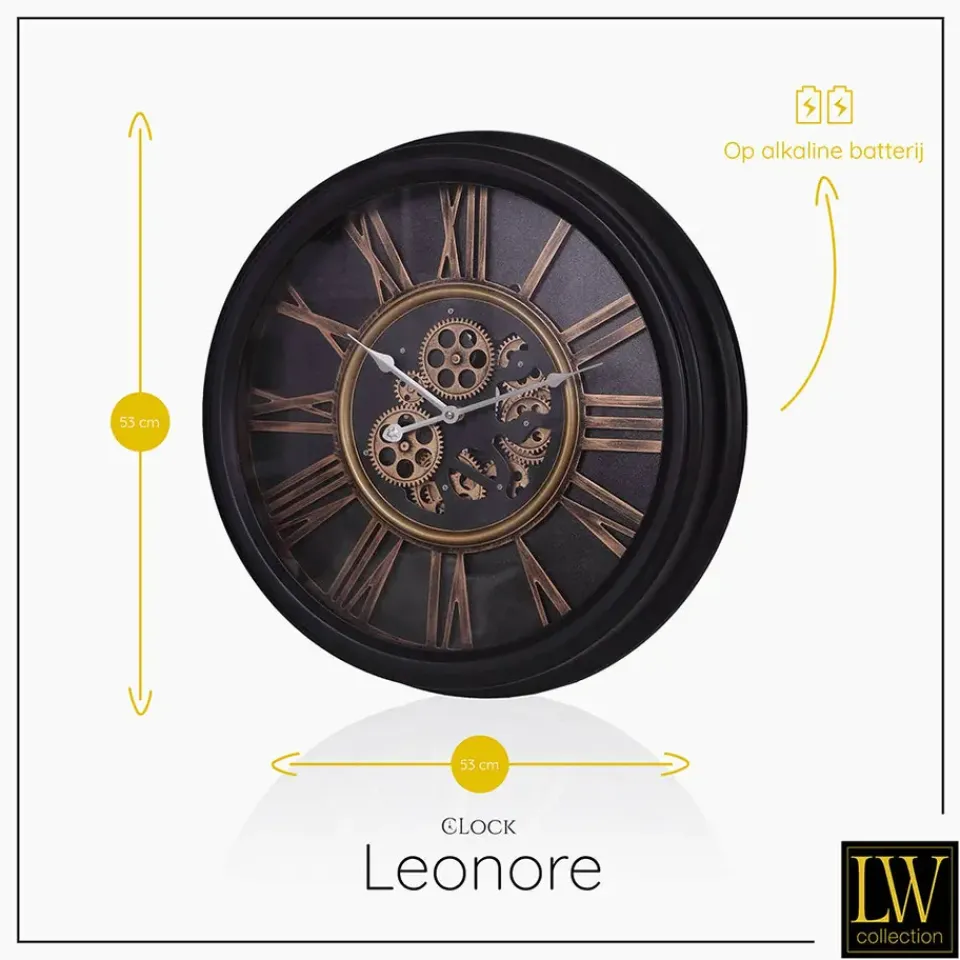 LW Collection Wandklok radar Leonore Zwart 52cm bewegende tandwielen Clearance