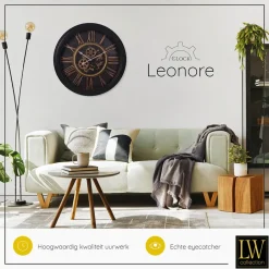 LW Collection Wandklok radar Leonore Zwart 52cm bewegende tandwielen Clearance
