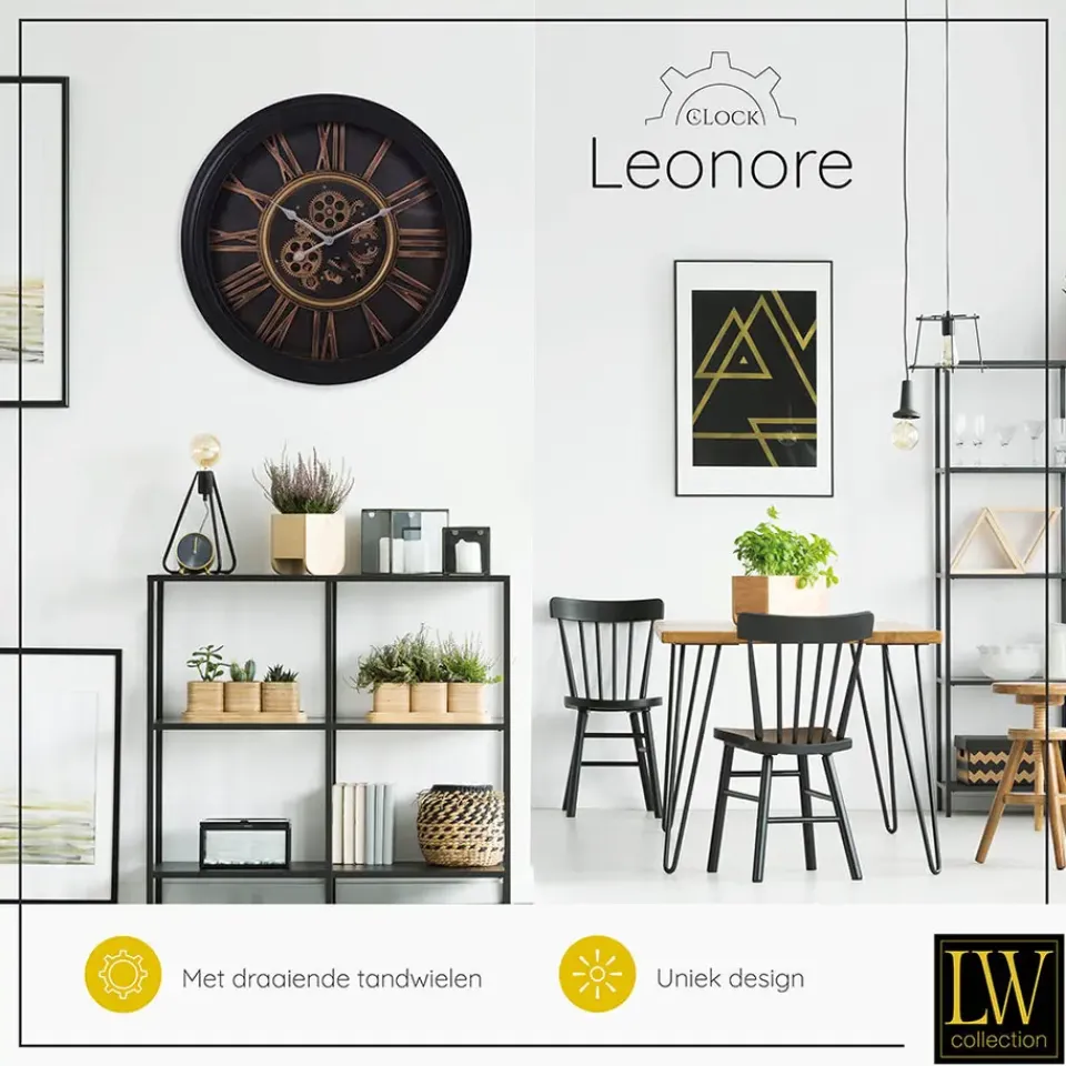 LW Collection Wandklok radar Leonore Zwart 52cm bewegende tandwielen Clearance