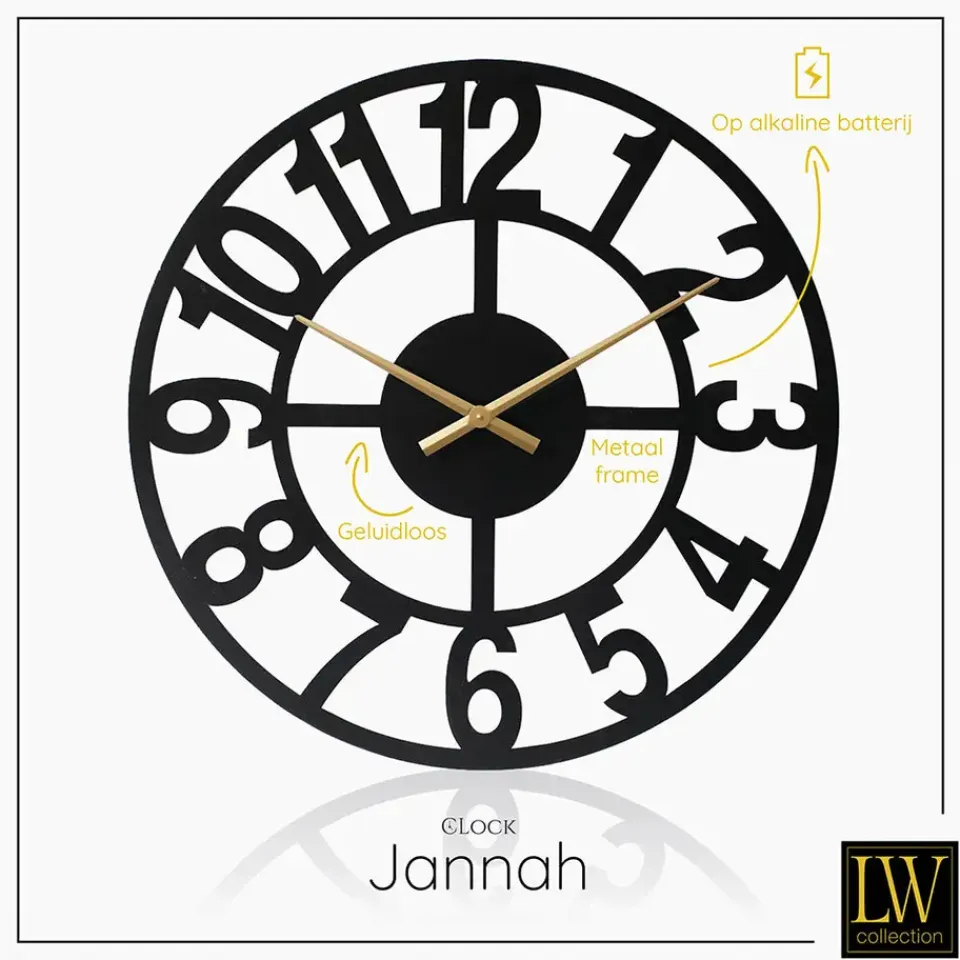 LW Collection Wandklok XL Jannah zwart met gouden wijzers 80cm New