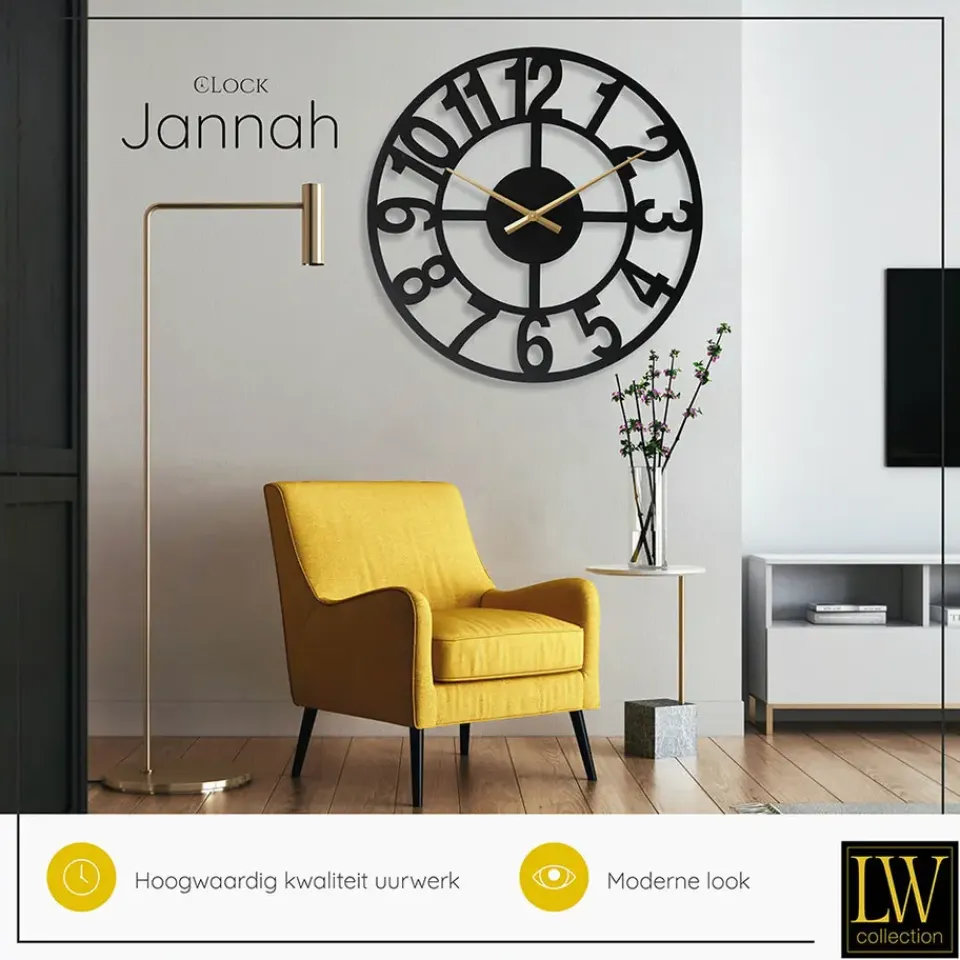 LW Collection Wandklok XL Jannah zwart met gouden wijzers 80cm New
