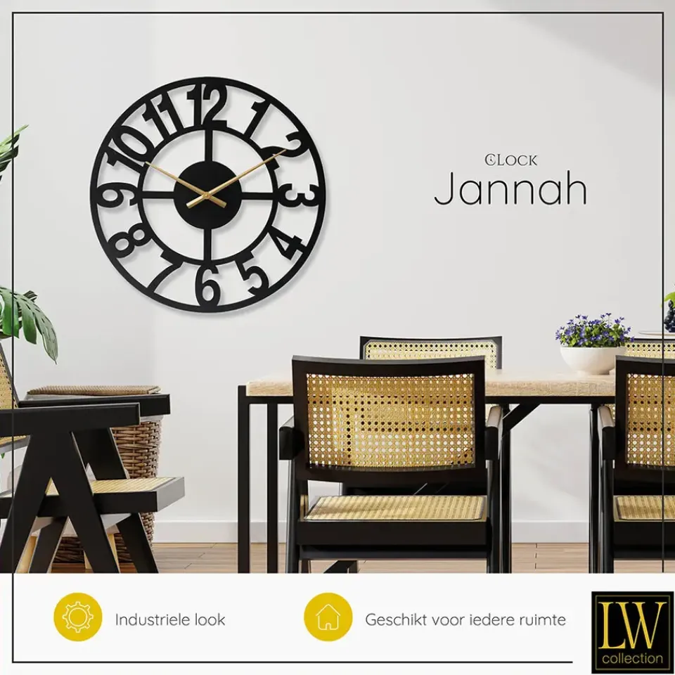 LW Collection Wandklok XL Jannah zwart met gouden wijzers 80cm New