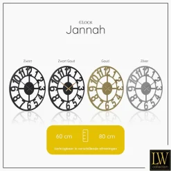 LW Collection Wandklok XL Jannah zwart met gouden wijzers 80cm New