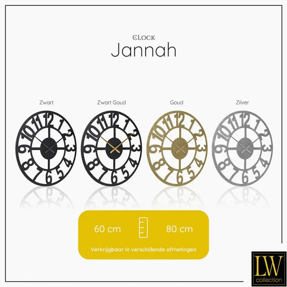 LW Collection Wandklok XL Jannah zwart met gouden wijzers 80cm New