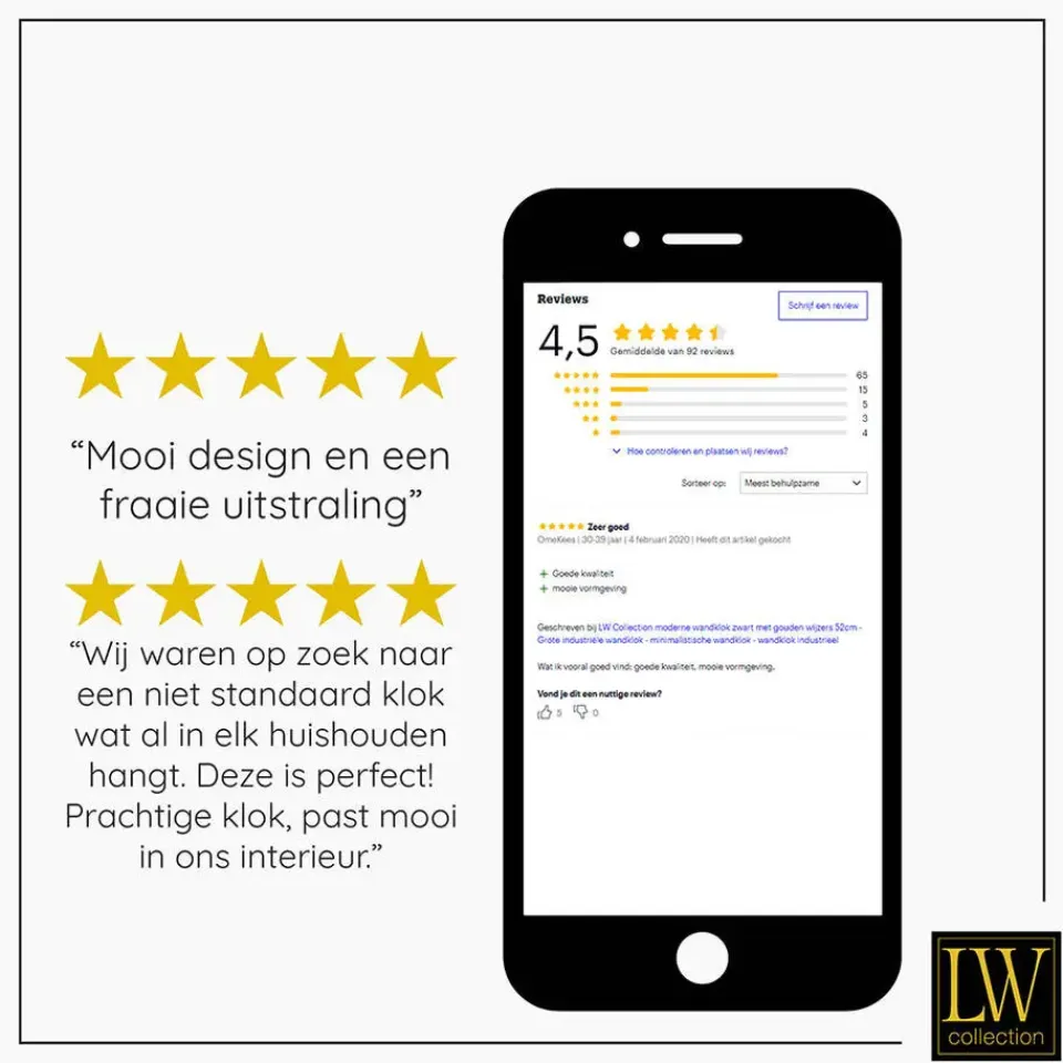 LW Collection Wandklok XL Jannah zwart met gouden wijzers 80cm New