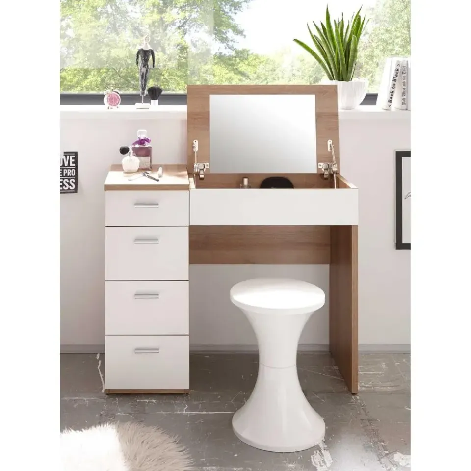 Emob Make-uptafel Loïs 90cm 1 deur & 4 lades - lichte eikdecor/wit Best