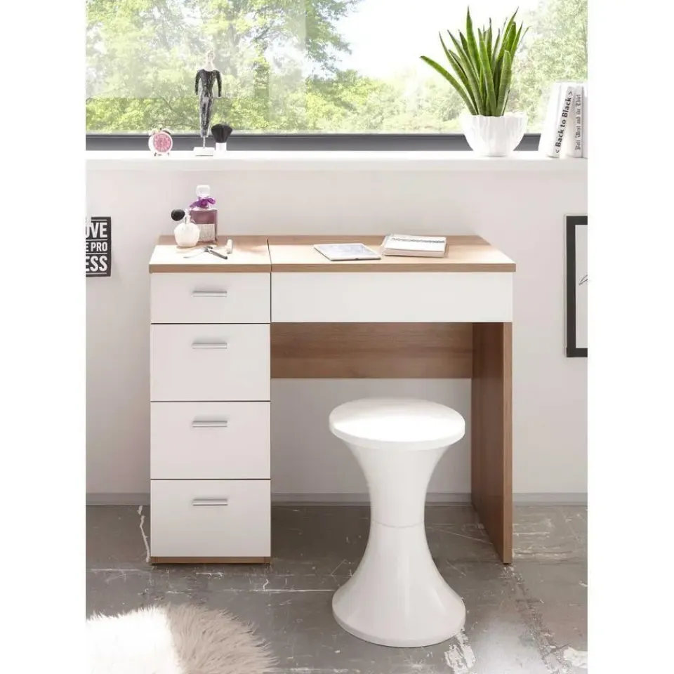 Emob Make-uptafel Loïs 90cm 1 deur & 4 lades - lichte eikdecor/wit Best