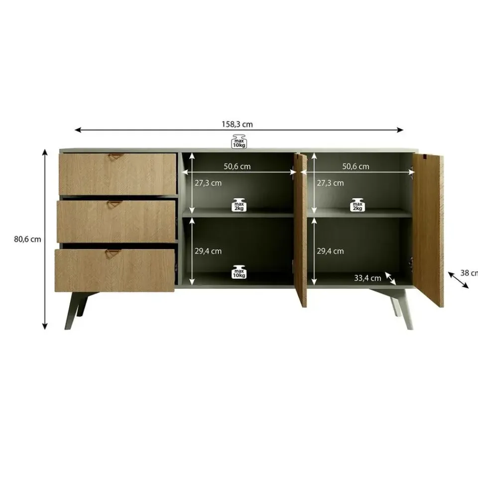 Meubella - Dressoir Essence - Groen - Licht eiken - 158 cm Online