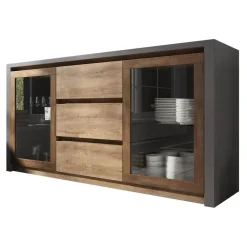 Meubella - Dressoir Monaco - Eiken - Grijs - 140 cm - Met glas Clearance