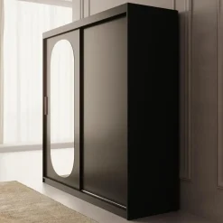 Meubella - Kledingkast Bodhi - Zwart - 200 cm - Met spiegel Clearance