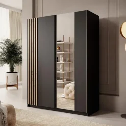 Meubella - Kledingkast Boets - Zwart - Eiken - 150 cm - Met spiegel New