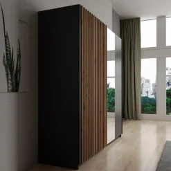 Meubella - Kledingkast Deliryon - Zwart - 200 cm - Met spiegel