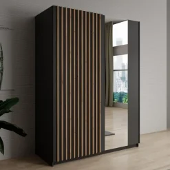 Meubella - Kledingkast Deliryon - Zwart - 150 cm - Met spiegel Outlet