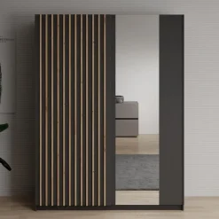 Meubella - Kledingkast Deliryon - Zwart - 150 cm - Met spiegel Outlet