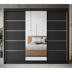 Meubella - Kledingkast Eagle - Zwart - 250 cm - Met spiegel Online