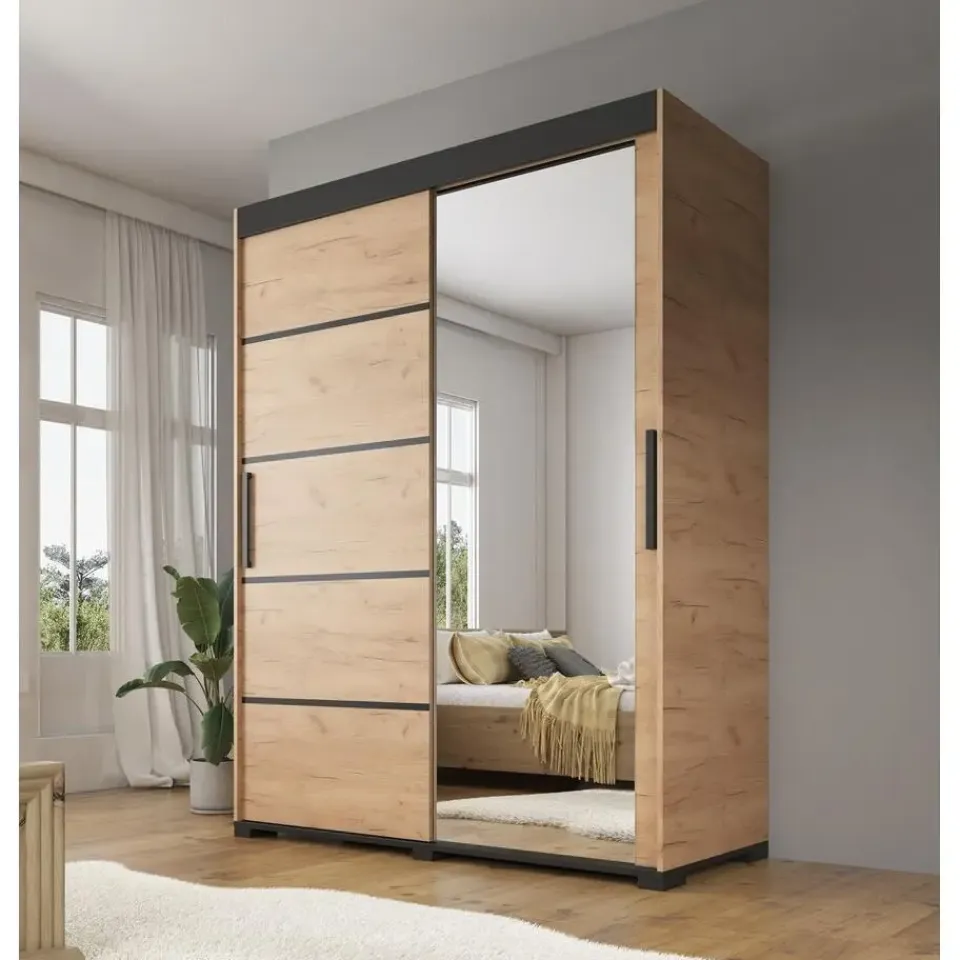 Meubella - Kledingkast Fabio - Eiken - 150 cm - Met spiegel Clearance