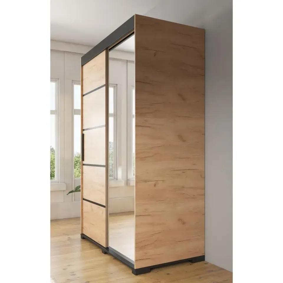 Meubella - Kledingkast Fabio - Eiken - 150 cm - Met spiegel Clearance