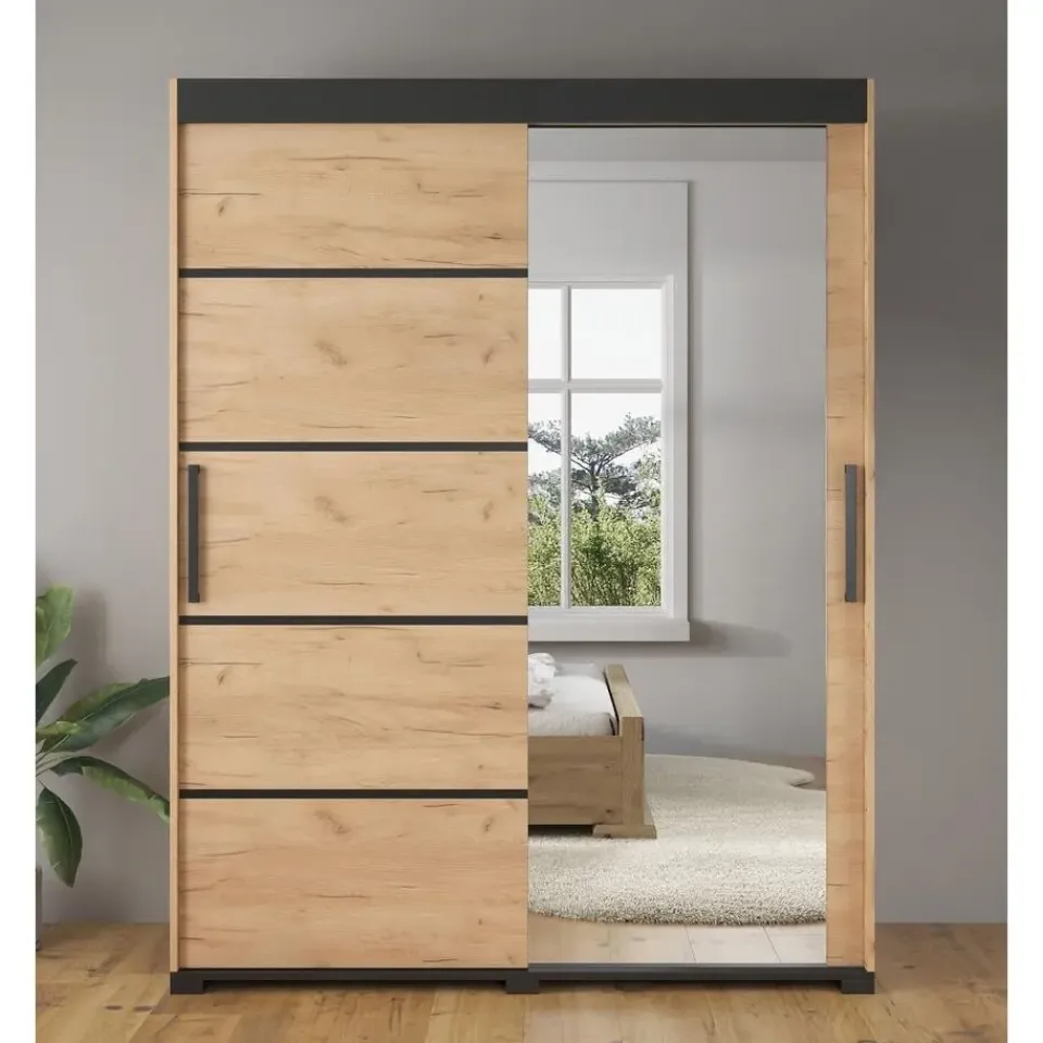 Meubella - Kledingkast Fabio - Eiken - 150 cm - Met spiegel Clearance