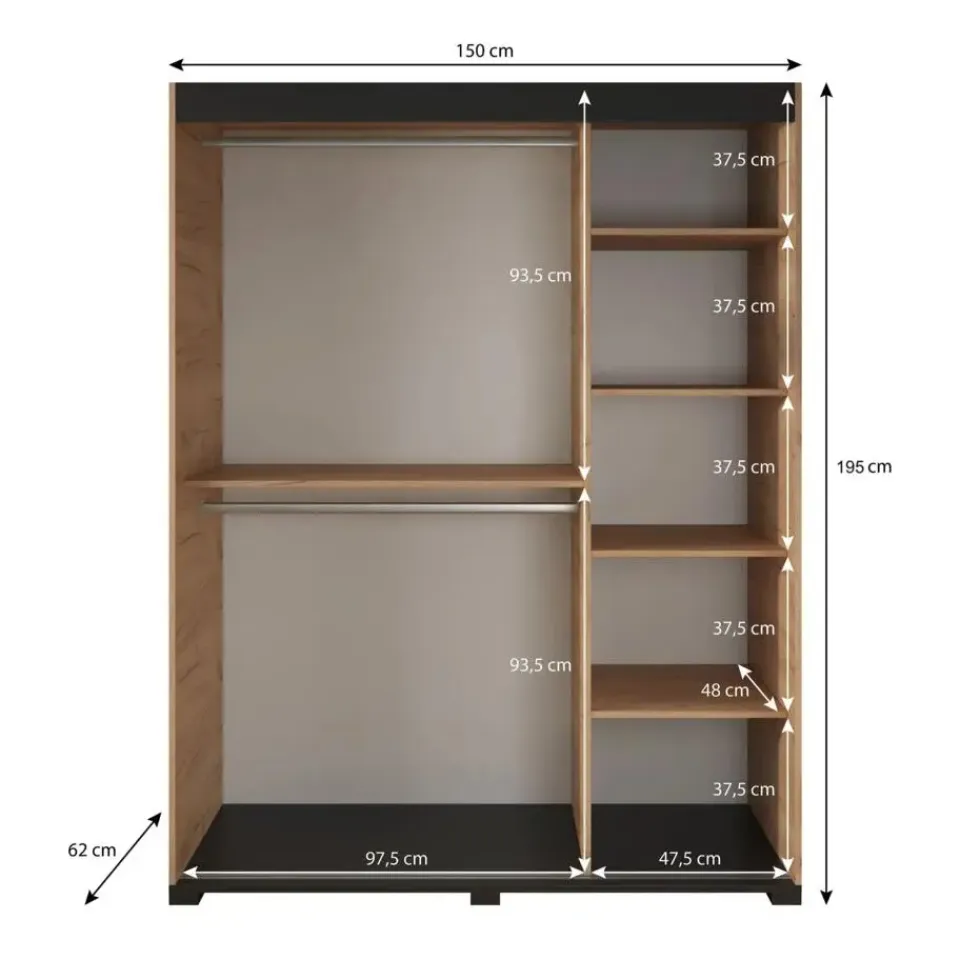 Meubella - Kledingkast Fabio - Eiken - 150 cm - Met spiegel Clearance