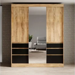 Meubella - Kledingkast Henry - Eiken - Zwart - 180 cm - Met spiegel Clearance