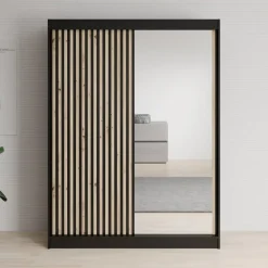 Meubella - Kledingkast Lisbon 2 - Zwart - 150 cm - Met spiegel Best