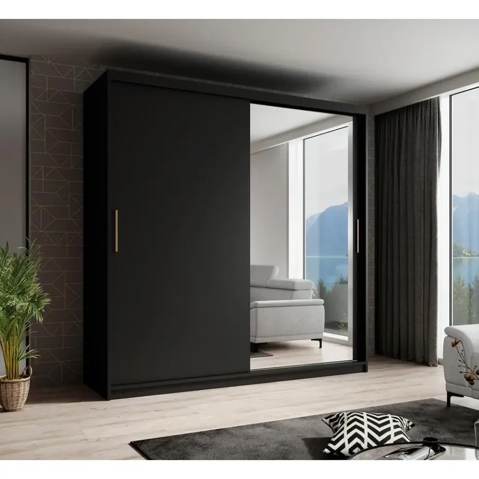 Meubella - Kledingkast Mandalin - Zwart - 200 cm - Met spiegel Hot