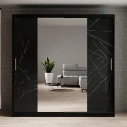 Meubella - Kledingkast Marmer 2 - Zwart - 200 cm - Met spiegel Hot