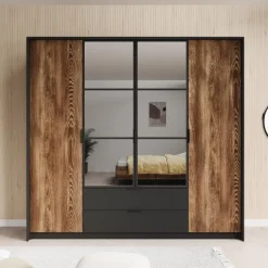 Meubella - Kledingkast Mulvey - Eiken - Antraciet - 220 cm - Met spiegel Sale