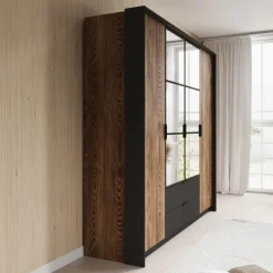 Meubella - Kledingkast Mulvey - Eiken - Antraciet - 220 cm - Met spiegel Sale