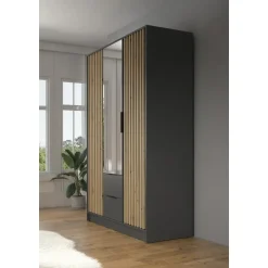 Meubella - Kledingkast Nairobi - Antraciet - Eiken - 155 cm - Met spiegel Sale