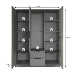 Meubella - Kledingkast Nairobi - Antraciet - Eiken - 155 cm - Met spiegel Sale