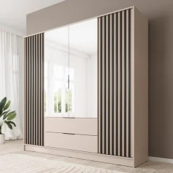 Meubella - Kledingkast Nairobi - Beige - Zwart - 206 cm - met spiegel New