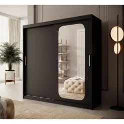 Meubella - Kledingkast Pete - Zwart - 200 cm - Met spiegel Online