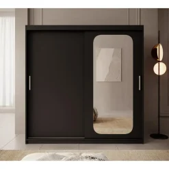 Meubella - Kledingkast Pete - Zwart - 200 cm - Met spiegel Online
