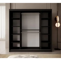 Meubella - Kledingkast Pete - Zwart - 200 cm - Met spiegel Online
