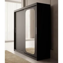 Meubella - Kledingkast Pete - Zwart - 200 cm - Met spiegel Online