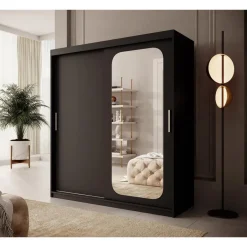 Meubella - Kledingkast Pete - Zwart - 180 cm - Met spiegel Outlet