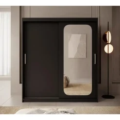 Meubella - Kledingkast Pete - Zwart - 180 cm - Met spiegel Outlet