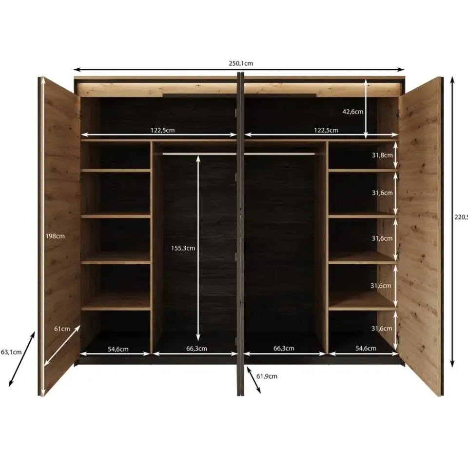 Meubella - Kledingkast Quarry - Eiken - 250 cm - Met spiegel Discount