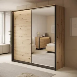 Meubella - Kledingkast Quarry - Eiken - 220 cm - Met spiegel Clearance