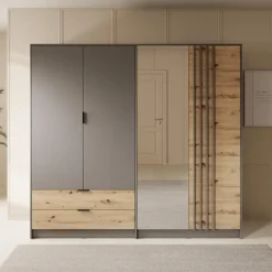 Meubella - Kledingkast Roma - Grijs - Eiken - 221 cm - Met spiegel Sale