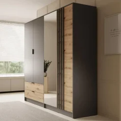 Meubella - Kledingkast Roma - Grijs - Eiken - 221 cm - Met spiegel Sale